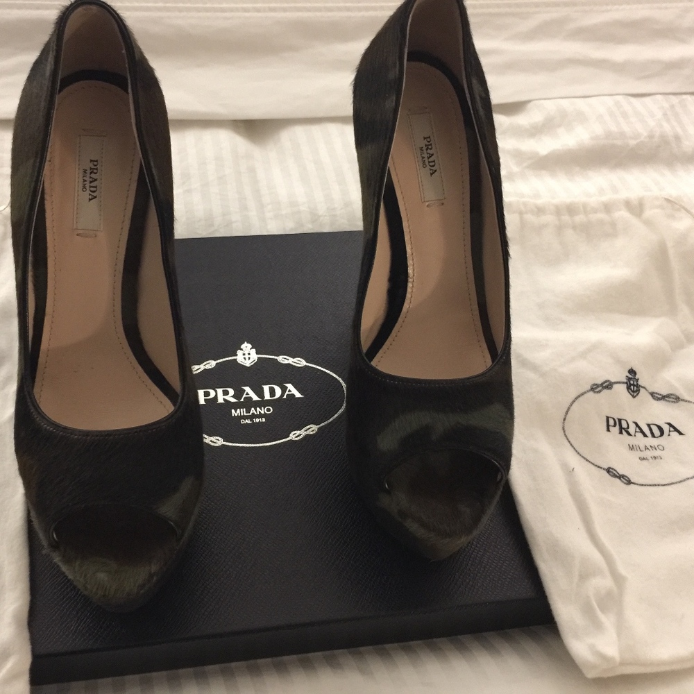 Prada Camo Platform Peep Toe Pumps